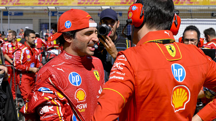Oct 20, 2024; Austin, Texas, USA; Scuderia Ferrari driver Carlos Sainz (55) of Team Spain before the start of the 2024 Formula One US Grand Prix at Circuit of the Americas. Mandatory Credit: Jerome Miron-Imagn Images