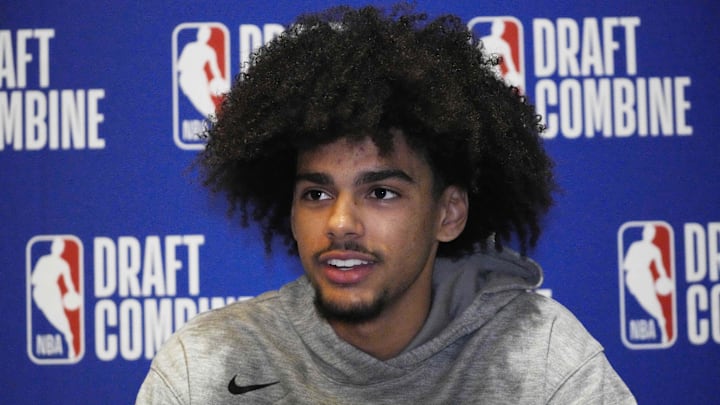 May 14, 2025; Chicago, Il, USA; Asa Newell talks to the media during the 2025 NBA Draft Combine at Marriott Marquis Chicago. Mandatory Credit: David Banks-Imagn Images May 14, 2025; Chicago, Il, USA; Asa Newell talks to the media during the 2025 NBA Draft Combine at Marriott Marquis Chicago. Mandatory Credit: David Banks-Imagn Images