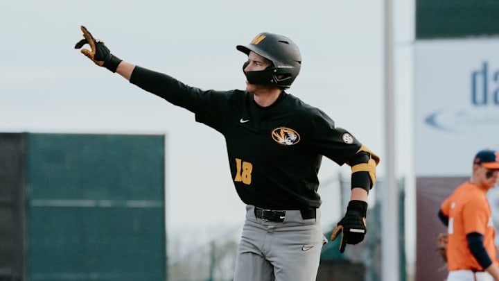 Missouri Tigers shortstop Jackson Lovich celebrates after a first inning homer against the Illinois Fighting Illini. Missouri Tigers shortstop Jackson Lovich celebrates after a first inning homer against the Illinois Fighting Illini.