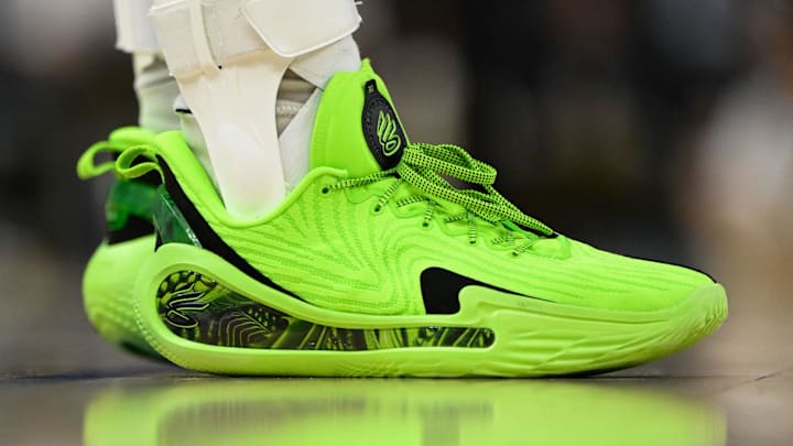 Golden State Warriors guard Stephen Curry wears the Curry 12. Golden State Warriors guard Stephen Curry wears the Curry 12.