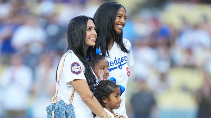 Aug 8, 2025; Los Angeles, California, USA; Vanessa Bryant, Bianka Bryant, Capri Bryant and Natalia Bryant pose for a photo before the game between Los Angeles Dodgers and Toronto Blue Jays at Dodger Stadium.