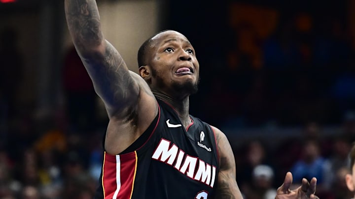 Mar 5, 2025; Cleveland, Ohio, USA; Miami Heat guard Terry Rozier (2) drives to the basket against against the Cleveland Cavaliers during the first half at Rocket Arena. Mandatory Credit: Ken Blaze-Imagn Images