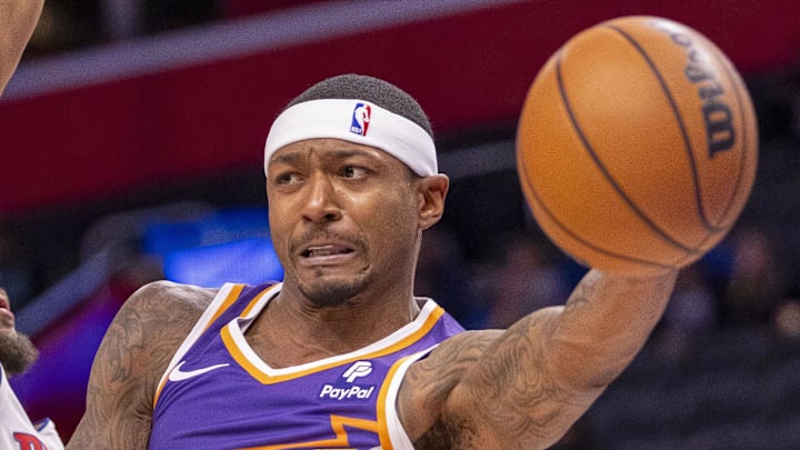 Oct 8, 2023; Detroit, Michigan, USA; Phoenix Suns guard Bradley Beal (3) passes the ball against the Detroit Pistons during the first half of a pre-season game at Little Caesars Arena. Mandatory Credit: David Reginek-Imagn Images