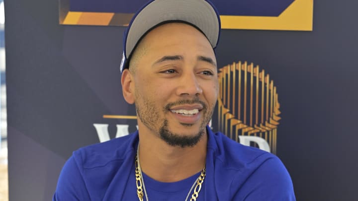 Los Angeles Dodgers shortstop Mookie Betts (50) answers questions during media day prior to game one of the World Series against the New York Yankees at Dodger Stadium.