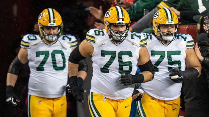January 20, 2024; Santa Clara, CA, USA; Green Bay Packers guard Royce Newman (70), guard Jon Runyan (76), and guard Sean Rhyan (75) before a 2024 NFC divisional round game against the San Francisco 49ers at Levi's Stadium. Mandatory Credit: Kyle Terada-Imagn Images January 20, 2024; Santa Clara, CA, USA; Green Bay Packers guard Royce Newman (70), guard Jon Runyan (76), and guard Sean Rhyan (75) before a 2024 NFC divisional round game against the San Francisco 49ers at Levi's Stadium. Mandatory Credit: Kyle Terada-Imagn Images