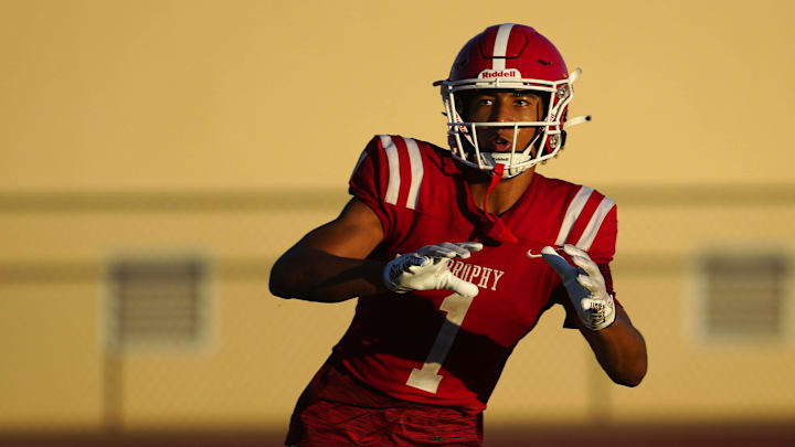 Brophy Prep wide receiver Devin Fitzgerald (1) makes a catch during a practice at Brophy College Prepatory in Phoenix on Sept. 4, 2024.