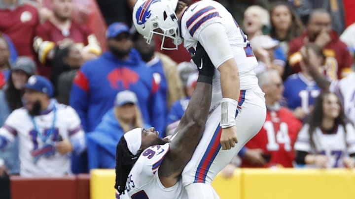 Sep 24, 2023; Landover, Maryland, USA; Buffalo Bills quarterback Josh Allen (17) celebrates with