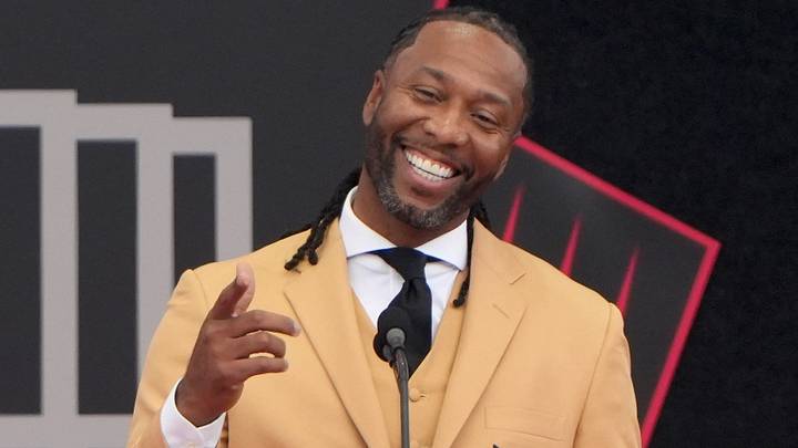 Former NFL player Larry Fitzgerald speaks after unveiling his bust during the Pro Football Hall of Fame induction ceremony at the Pro Football Hall of Fame, in Canton, Ohio, Saturday, Aug. 8, 2026. Former NFL player Larry Fitzgerald speaks after unveiling his bust during the Pro Football Hall of Fame induction ceremony at the Pro Football Hall of Fame, in Canton, Ohio, Saturday, Aug. 8, 2026.