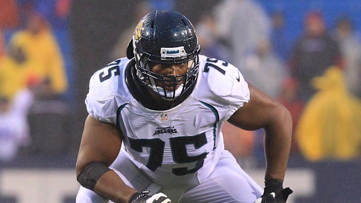 Dec 2, 2012; Orchard Park, NY, USA; Jacksonville Jaguars tackle Eugene Monroe (75) in play during the game against the Buffalo Bills at Ralph Wilson Stadium. Bills beat the Jaguars 34-18. Mandatory Credit: Kevin Hoffman-Imagn Images
