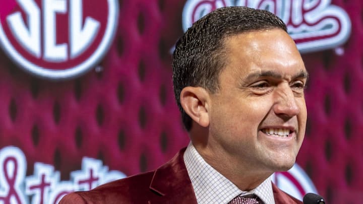 Oct 16, 2024; Birmingham, AL, USA; Mississippi State Bulldogs head coach Sam Purcell talks with the media during SEC Media Days at Grand Bohemian Hotel. Mandatory Credit: Vasha Hunt-Imagn Images