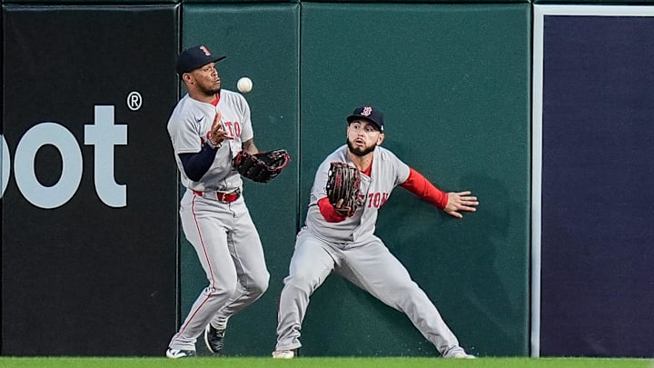 Boston Red Sox center fielder Ceddanne Rafaela (3), left, catches for a fly out against Detroit Tigers designated hitter Kerry Carpenter (30) during the seventh inning at Comerica Park in Detroit on Wednesday, May 14, 2025. Boston Red Sox center fielder Ceddanne Rafaela (3), left, catches for a fly out against Detroit Tigers designated hitter Kerry Carpenter (30) during the seventh inning at Comerica Park in Detroit on Wednesday, May 14, 2025.