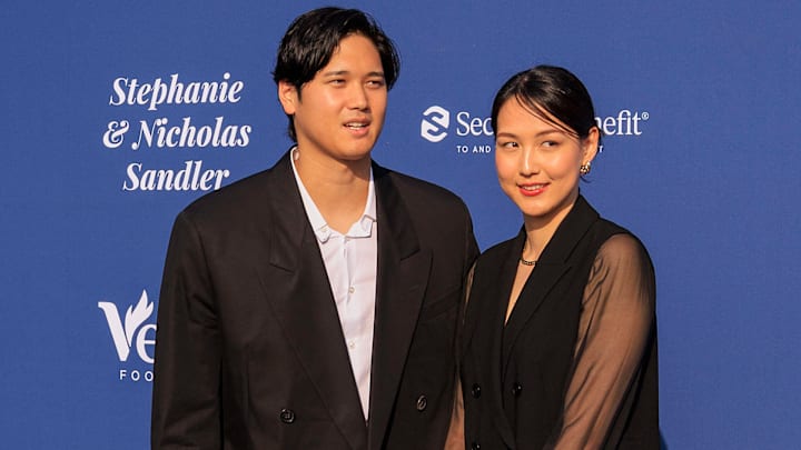 Shohei Ohtani and wife Mamiko arrives at the 2024 Blue Diamond Gala on Thursday May 2, 2024 at Dodger Stadium in Los Angeles, California. Shohei Ohtani and wife Mamiko arrives at the 2024 Blue Diamond Gala on Thursday May 2, 2024 at Dodger Stadium in Los Angeles, California.
