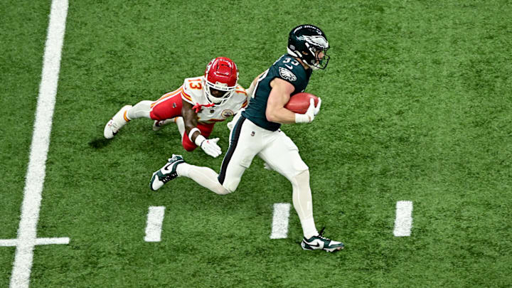 Cooper Dejean intercepted Chiefs quarterback Patrick Mahomes and returned the pick 38 yards for an Eagles touchdown.