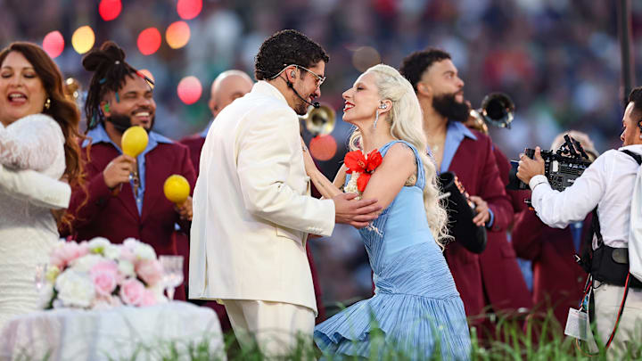 Bad Bunny and Lady Gaga during the halftime show at Super Bowl LX.