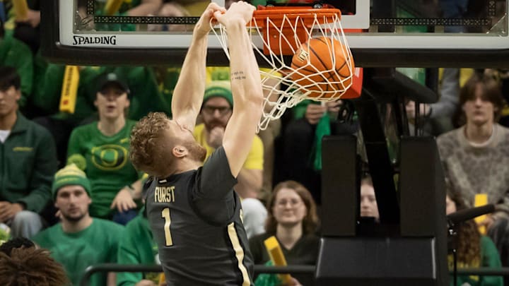 Purdue forward Caleb Furst dunks as the Oregon Ducks host the Purdue Boilermakers