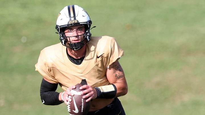 Quarterback Blaze Berlowitz (1) participates in Vanderbilt’s football practice Thursday, August 13, 2026 at McGugin Practice Field.