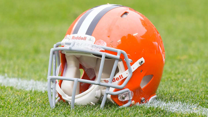 Oct 20, 2013; Green Bay, WI, USA; A Cleveland Browns helmet sits on the field during warmups prior to the game against the Green Bay Packers at Lambeau Field.  Green Bay won 31-13.  Mandatory Credit: Jeff Hanisch-Imagn Images