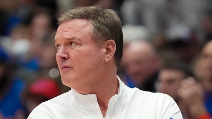 Jan 28, 2025; Lawrence, Kansas, USA; Kansas Jayhawks head coach Bill Self watches play against the UCF Knights during the second half at Allen Fieldhouse. Mandatory Credit: Denny Medley-Imagn Images Jan 28, 2025; Lawrence, Kansas, USA; Kansas Jayhawks head coach Bill Self watches play against the UCF Knights during the second half at Allen Fieldhouse. Mandatory Credit: Denny Medley-Imagn Images