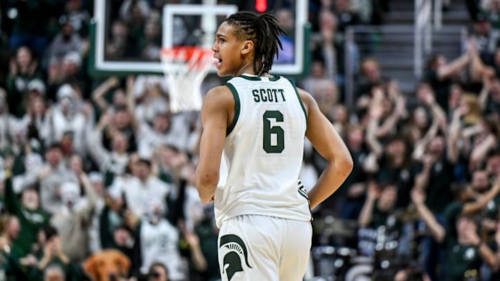 Michigan State's Jordan Scott celebrates after making a 3-pointer against Illinois during the second half on Saturday, Feb. 7, 2026, at the Breslin Center in East Lansing.
