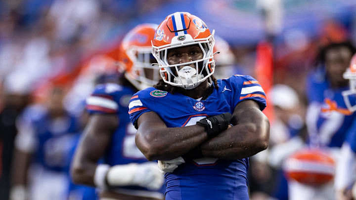 Sep 14, 2024; Gainesville, Florida, USA; Florida Gators defensive end Ja'Markis Weston (9) reacts after a tackle against the Texas A&M Aggies during the second half at Ben Hill Griffin Stadium. Mandatory Credit: Matt Pendleton-Imagn Images