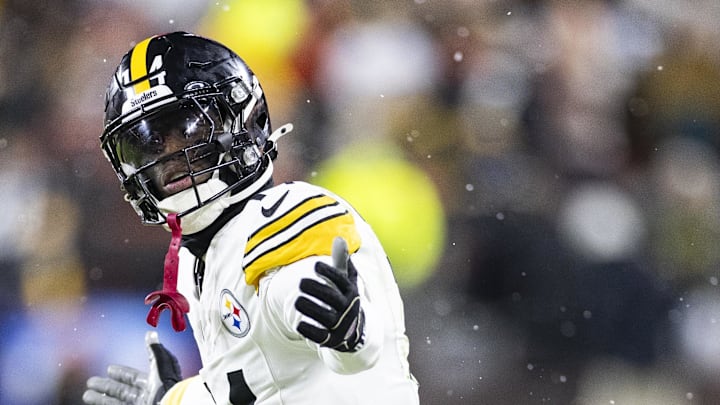 Nov 21, 2024; Cleveland, Ohio, USA; Pittsburgh Steelers wide receiver George Pickens (14) reacts during the second quarter against the Cleveland Browns at Huntington Bank Field Stadium. Mandatory Credit: Scott Galvin-Imagn Images