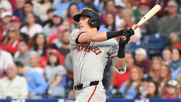 Apr 14, 2025; Philadelphia, Pennsylvania, USA; San Francisco Giants shortstop Tyler Fitzgerald (49) hits a 3-run home run during the second inning against the Philadelphia Phillies at Citizens Bank Park. Apr 14, 2025; Philadelphia, Pennsylvania, USA; San Francisco Giants shortstop Tyler Fitzgerald (49) hits a 3-run home run during the second inning against the Philadelphia Phillies at Citizens Bank Park.