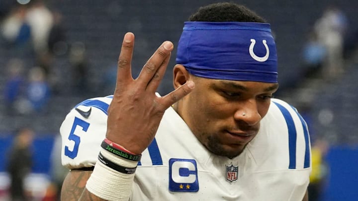 Indianapolis Colts quarterback Anthony Richardson (5) celebrates as he leaves the field Sunday, Dec. 22, 2024, after winning a game against the Tennessee Titans at Lucas Oil Stadium in Indianapolis. Indianapolis Colts quarterback Anthony Richardson (5) celebrates as he leaves the field Sunday, Dec. 22, 2024, after winning a game against the Tennessee Titans at Lucas Oil Stadium in Indianapolis.