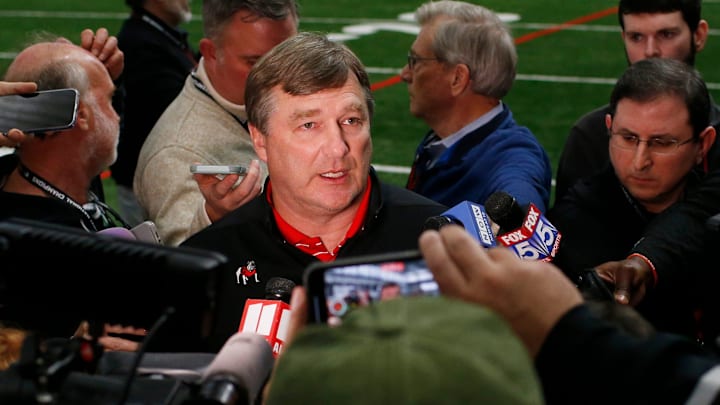 Georgia coach Kirby Smart speaks with the media during UGA Pro Day in Athens, Ga., on Wednesday, March 15, 2023.

News Joshua L Jones