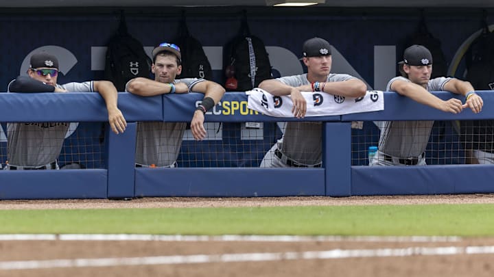 May 25, 2024; Hoover, AL, USA; South Carolina Gamecocks players watch from the dugout in the tenth inning against the LSU Tigers during the SEC Baseball Tournament at Hoover Metropolitan Stadium. Mandatory Credit: Vasha Hunt-Imagn Images