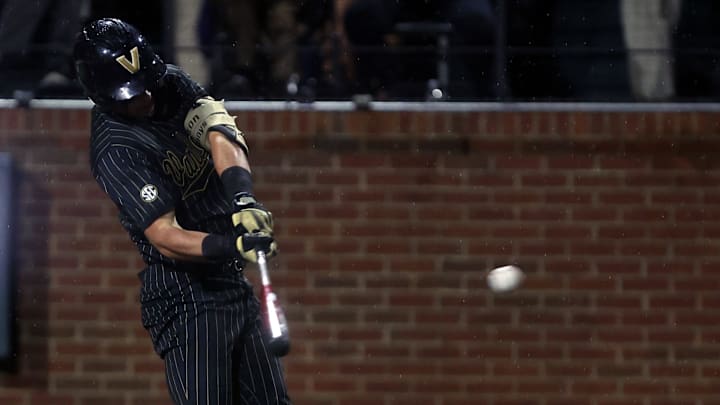 Vanderbilt's Brodie Johnston (9) hits a double during their game against Alabama at Vanderbilt’s Hawkins Field Friday, May 2, 2025.