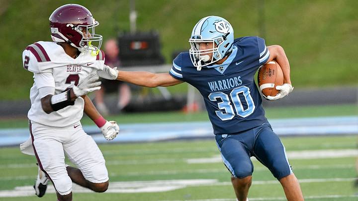 Central Valley’s Makai Howard (30) stiff arms Beaver’s Ah’Mir Jackson during Friday night’s game at Central Valley High School. Central Valley’s Makai Howard (30) stiff arms Beaver’s Ah’Mir Jackson during Friday night’s game at Central Valley High School.