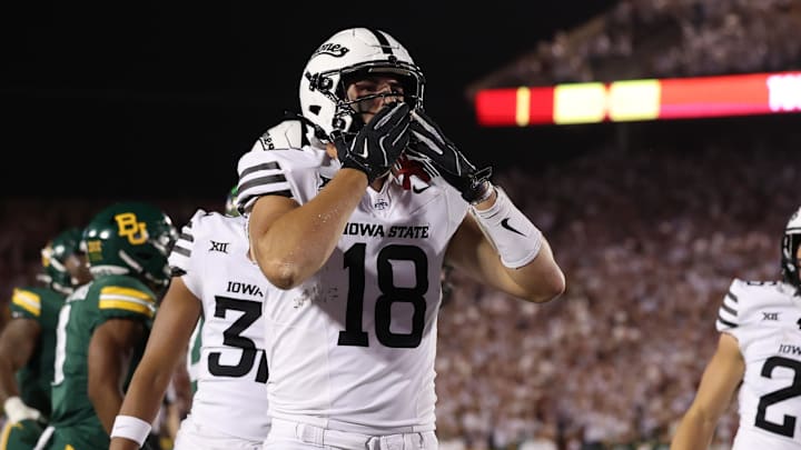 Oct 5, 2024; Ames, Iowa, USA; Iowa State Cyclones tight end Benjamin Brahmer (18) celebrates after a touchdown against the. Baylor Bears at Jack Trice Stadium. Mandatory Credit: Reese Strickland-Imagn Images Oct 5, 2024; Ames, Iowa, USA; Iowa State Cyclones tight end Benjamin Brahmer (18) celebrates after a touchdown against the. Baylor Bears at Jack Trice Stadium. Mandatory Credit: Reese Strickland-Imagn Images