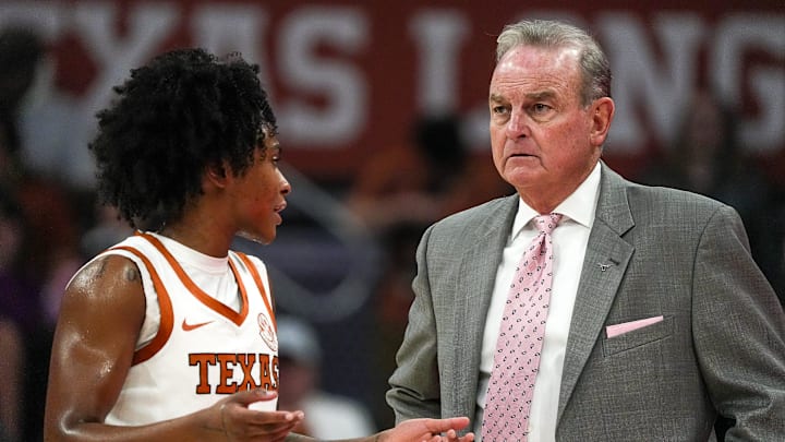 Texas Longhorns guard Rori Harmon (3) talks to head coach Vic Schaefer during the game against LSU at the Moody Center on Sunday, Feb. 16, 2025. Texas Longhorns guard Rori Harmon (3) talks to head coach Vic Schaefer during the game against LSU at the Moody Center on Sunday, Feb. 16, 2025.