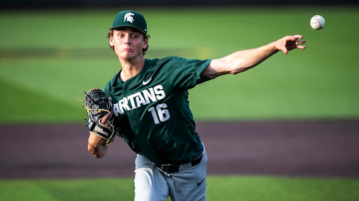 Michigan State's Joseph Dzierwa delivers a pitch during a NCAA Big Ten Conference baseball game against Iowa, Friday, May 12, 2023, at Duane Banks Field in Iowa City, Iowa.