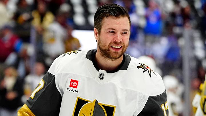 May 22, 2026; Denver, Colorado, USA; Vegas Golden Knights defenseman Ben Hutton (17) warms up before a game against the Colorado Avalanche before game two of the Western Conference Final of the 2026 Stanley Cup Playoffs at Ball Arena. Mandatory Credit: Ron Chenoy-Imagn Images