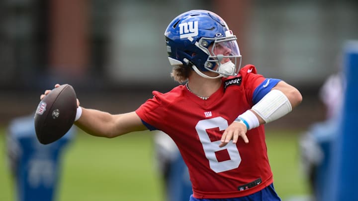 May 10, 2025; East Rutherford, NJ, USA; New York Giants quarterback Jaxson Dart (6) throws a pass during rookie minicamp at Quest Diagnostics Training Center. Mandatory Credit: John Jones-Imagn Images