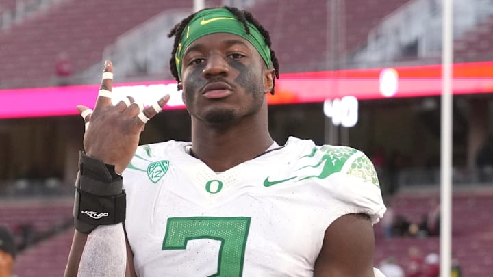 Sep 30, 2023; Stanford, California, USA; Oregon Ducks linebacker Jeffrey Bassa (2) gestures after defeating the Stanford Cardinal at Stanford Stadium. Mandatory Credit: Darren Yamashita-Imagn Images Sep 30, 2023; Stanford, California, USA; Oregon Ducks linebacker Jeffrey Bassa (2) gestures after defeating the Stanford Cardinal at Stanford Stadium. Mandatory Credit: Darren Yamashita-Imagn Images