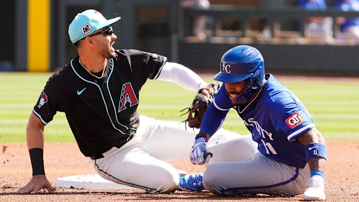 Arizona Diamondbacks shortstop Jordan Lawlar tags out Kansas City Royals Maikel Garcia on a pick off play at second base in the first inning during a spring training game at Salt River Fields at Talking Stick on Feb. 28, 2025, in Scottsdale.