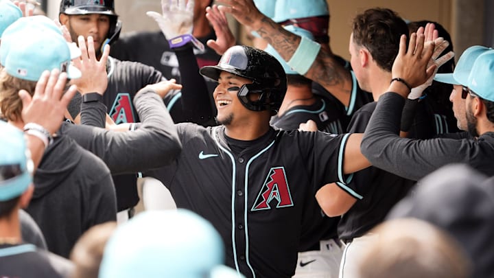 Arizona Diamondbacks catcher Gabriel Moreno reacts after hitting a three-run homer against the San Francisco Giants in the first inning during a spring training game at Salt River Fields on March 5, 2025, in Scottsdale. Arizona Diamondbacks catcher Gabriel Moreno reacts after hitting a three-run homer against the San Francisco Giants in the first inning during a spring training game at Salt River Fields on March 5, 2025, in Scottsdale.