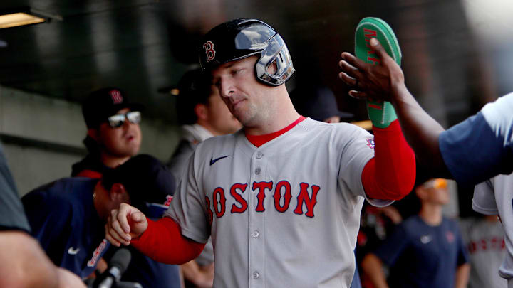 Sep 10, 2025; West Sacramento, California, USA; Boston Red Sox third baseman Alex Bregman (2) is congratulated by teammates after scoring a run against the Athletics during the third inning at Sutter Health Park. Mandatory Credit: Dennis Lee-Imagn Images