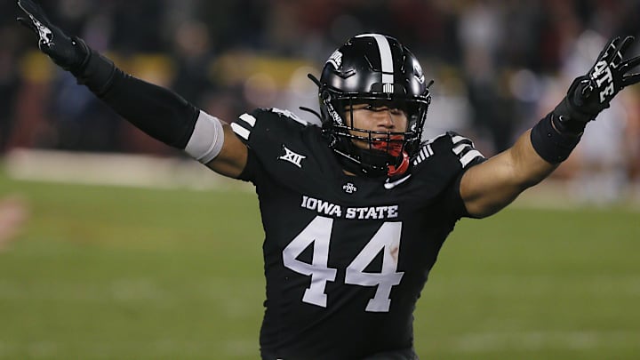 Iowa State linebacker Jacob Ellis (44) celebrates after a tackle against Cincinnati Saturday in Ames.