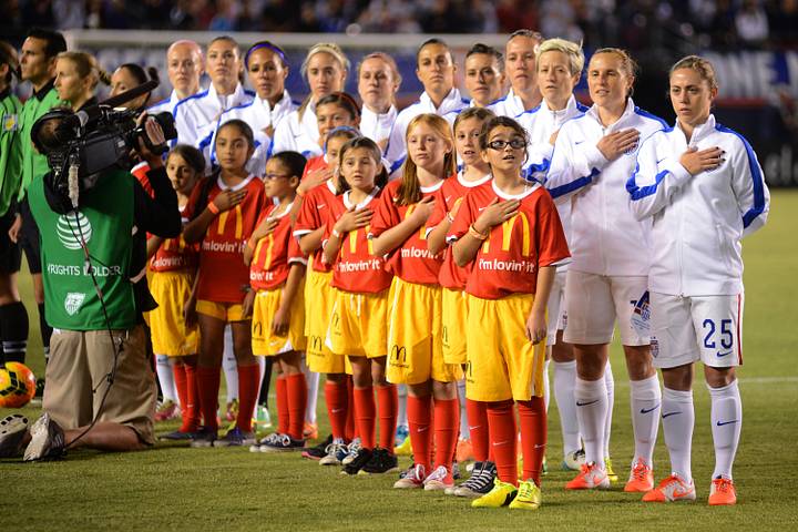 The U.S. women's national team before a 2014 friendly against China