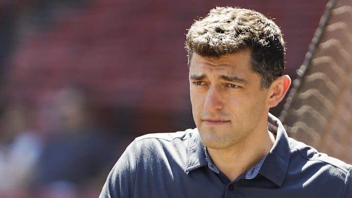 Aug 28, 2022; Boston, Massachusetts, USA; Chaim Bloom, Chief Baseball Officer of the Boston Red Sox on the field before the game between the Boston Red Sox and the Tampa Bay Rays at Fenway Park. Mandatory Credit: Winslow Townson-Imagn Images