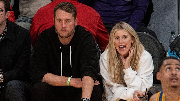 March 5, 2022: Rams quarterback Matthew Stafford and his wife, Kelly Stafford, attend a Lakers game in Los Angeles.