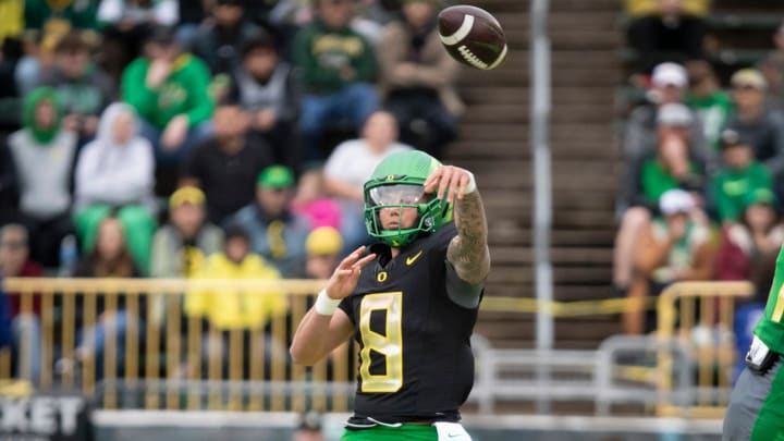 Oregon quarterback Dillon Gabriel throws the ball during the Oregon Ducks’ Spring Game Saturday, April 27. 2024 at Autzen Stadium in Eugene, Ore. Oregon quarterback Dillon Gabriel throws the ball during the Oregon Ducks’ Spring Game Saturday, April 27. 2024 at Autzen Stadium in Eugene, Ore.
