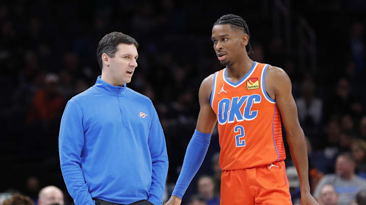Dec 12, 2021; Oklahoma City, Oklahoma, USA; Oklahoma City Thunder head coach Mark Daigneault talks