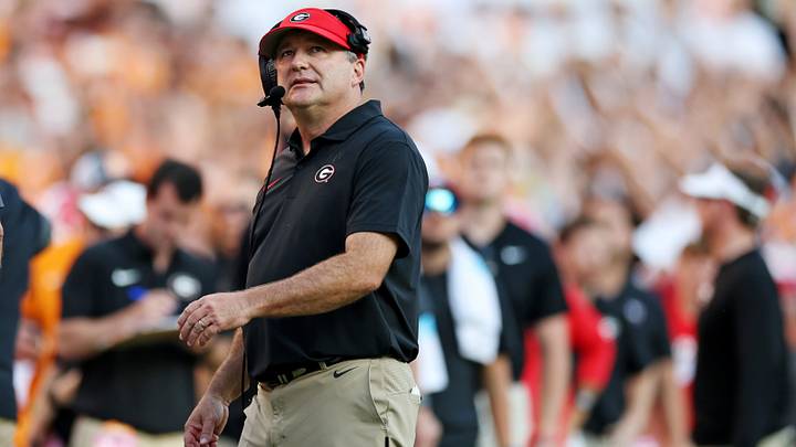 Sep 13, 2025; Knoxville, Tennessee, USA; Georgia Bulldogs head coach Kirby Smart looks on during overtime against the Tennessee Volunteers at Neyland Stadium. Mandatory Credit: Alan Poizner-Imagn Images