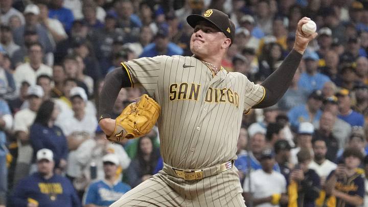 Oct 3, 2026; Milwaukee, Wisconsin, USA;  San Diego Padres pitcher Adrian Morejon (50) pitches against the Milwaukee Brewers during the seventh inning at American Family Field.  Mandatory Credit: Michael McLoone-Imagn Images