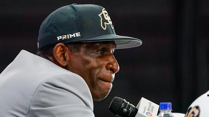 Jul 9, 2025; Frisco, TX, USA; Colorado head coach Deion Sanders speaks with the media during 2025 Big 12 Football Media Days at The Star. Mandatory Credit: Raymond Carlin III-Imagn Images Jul 9, 2025; Frisco, TX, USA; Colorado head coach Deion Sanders speaks with the media during 2025 Big 12 Football Media Days at The Star. Mandatory Credit: Raymond Carlin III-Imagn Images