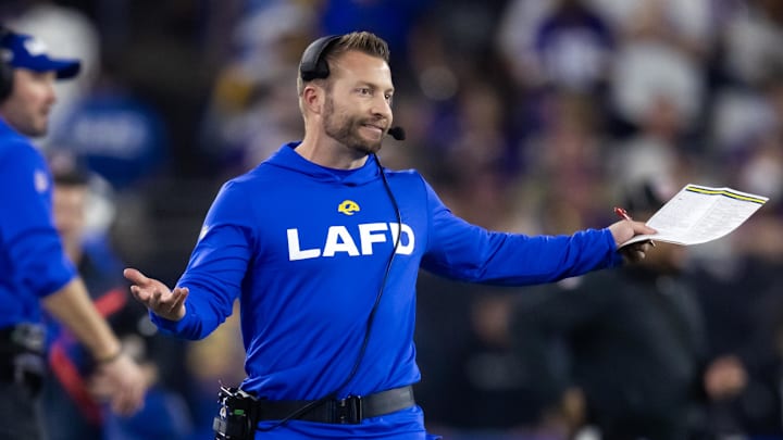 Jan 13, 2025; Glendale, AZ, USA; Los Angeles Rams head coach Sean McVay reacts against the Minnesota Vikings during an NFC wild card game at State Farm Stadium. Mandatory Credit: Mark J. Rebilas-Imagn Images